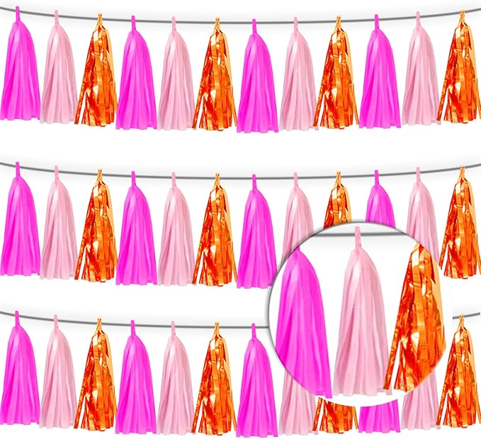 3P Hot Pink Orange LightPink Tassel Banner Garland Foil Fringe Tinsel Streamer - Image 2