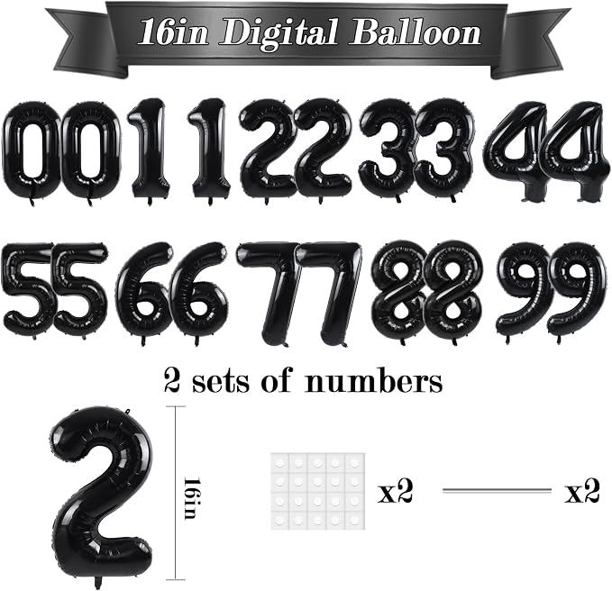 TONIFUL 20 Pcs Number Balloon 2 Set 16 Inch Black 0-9 Numbers Balloons | Small - Image 2