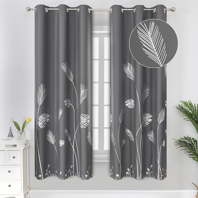 Silver Palm Tree Printed Curtains Light Blocking Curtains Thermal Insulated by ESTELARTEXTILER