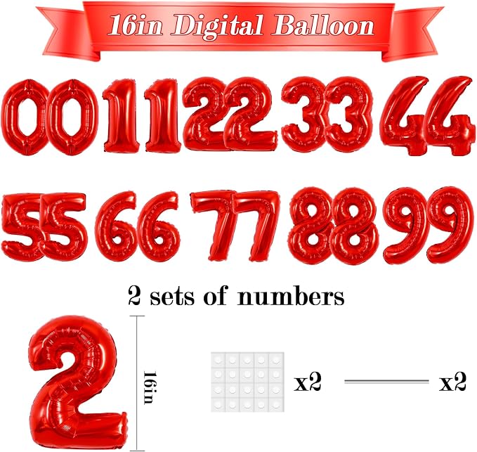 TONIFUL 20 Pcs Number Balloon 2 Set 16 Inch Fat Red 0-9 Numbers Balloons | - Image 2