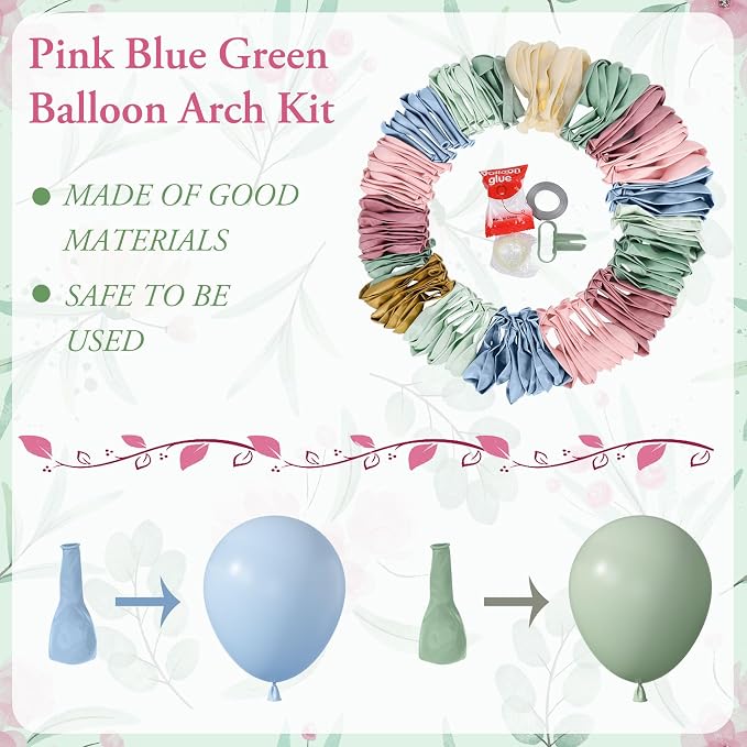 Amandir 173Pcs Pink Blue Green Balloon Arch Garland Kit | Dusty Baby Pink Mauve - Image 3