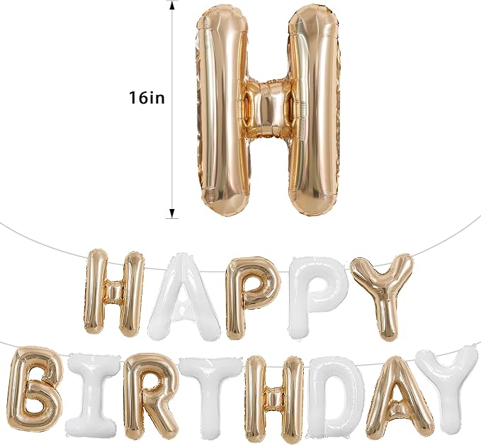 TONIFUL 16 Inch Champagne Gold White Happy Birthday Balloon Banner Decor | - Image 2