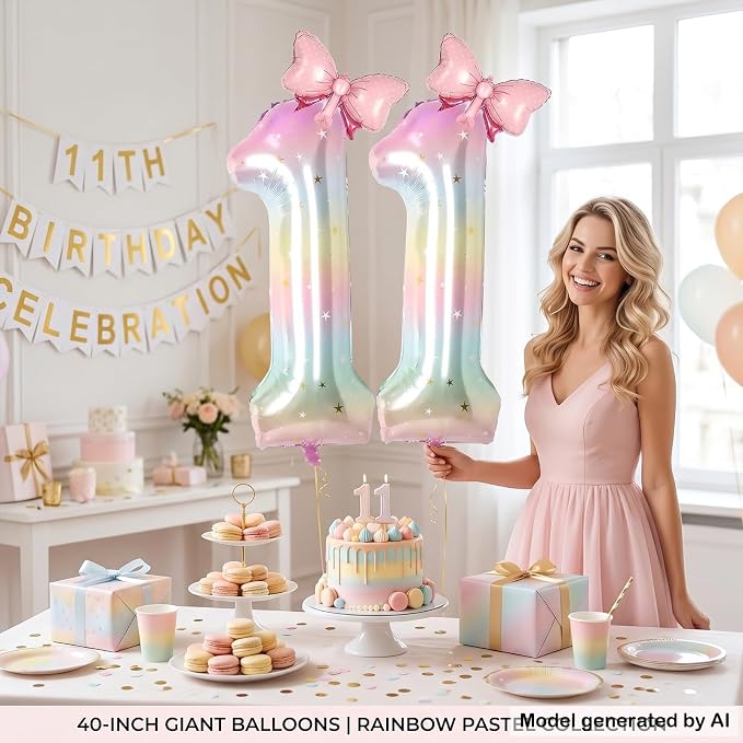 40" Giant Pastel Rainbow Number 11 Balloon Foil Pink Bow Decor Kit | Large 11 - Image 5