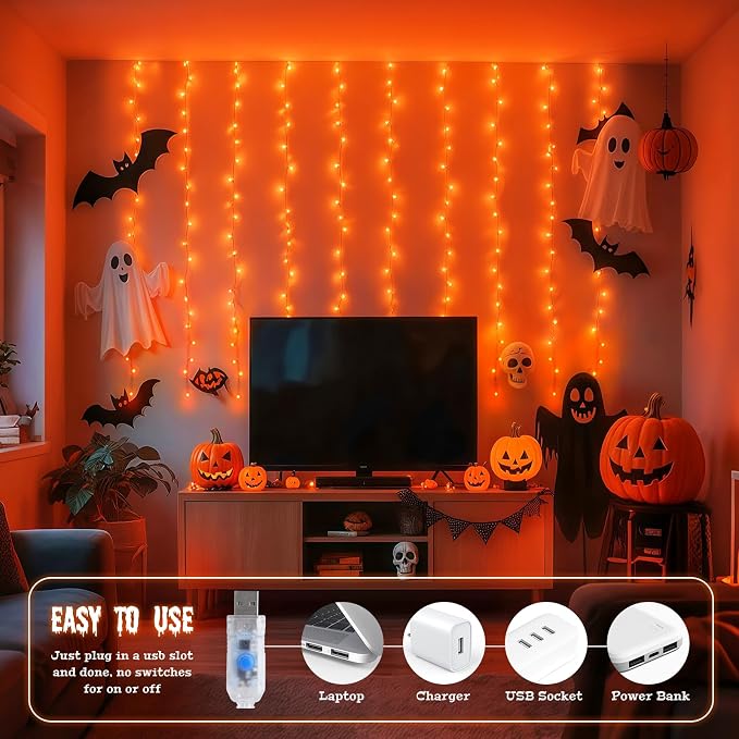 JMEXSUSS Orange Curtain Lights for Halloween, USB Plug in, 200 LED | Remote - Image 4