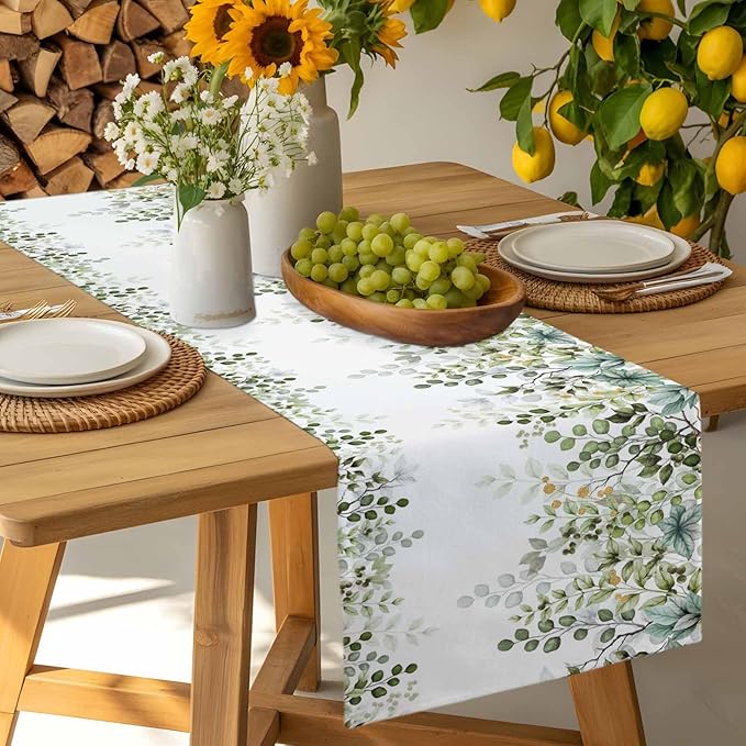 Sage Green Eucalyptus Cotton Linen Table Runner for Dining Kitchen, Farmhouse Leaves Wedding Outdoor Party Tablerunners Decoration Botanical Floral Dresser Scarf Coffee Tablecloth Runners 13x72 Inches