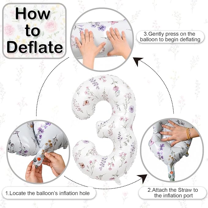 3rd Birthday Decorations for Girls, 40 Inch White Floral Number 3 Balloons | - Image 9