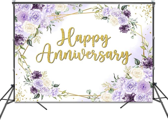 Happy Anniversary Backdrop Purple and White Flowers Anniversary Party - Image 2