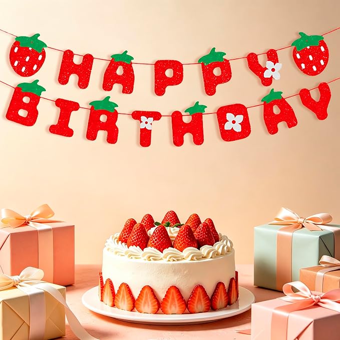 MEETINGU Strawberry Happy Birthday Banner, Glitter Strawberry Birthday Party - Image 3