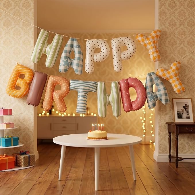 Colorful Happy Birthday Banner Foil Letter Balloon, 14 Inch 3D Plaid, Polka Dots - Image 2