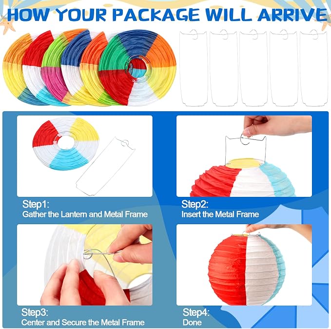 Panelee 12 Pcs 8 Inch Beach Ball Paper Lanterns Pool Party Decorations Summer - Image 3