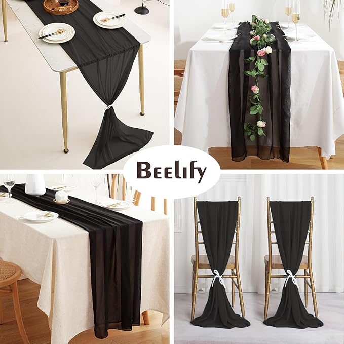 2 Pack 10 Ft Chiffon Table Runner Black Gauze Long Table Runners 27x120 Inches Sheer Tulle Table Runner for Rustic Wedding Reception Bridal Shower Decorations Birthday Party