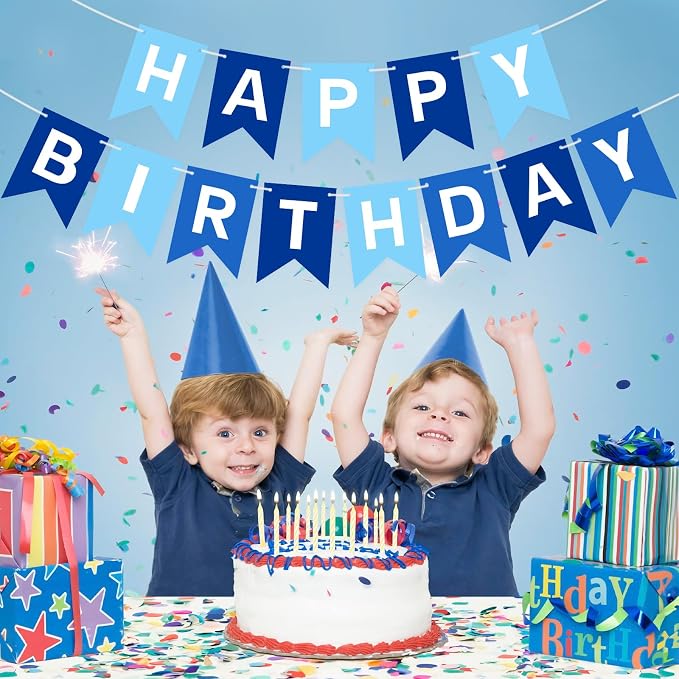 Pre-Strung Blue Happy Birthday Banner Signs, Birthday Party Decorations - Image 2