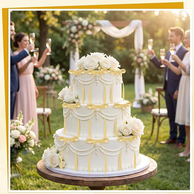 30 Pack Bow Cake Toppers Champagne Gold Ribbon Bows - Image 4