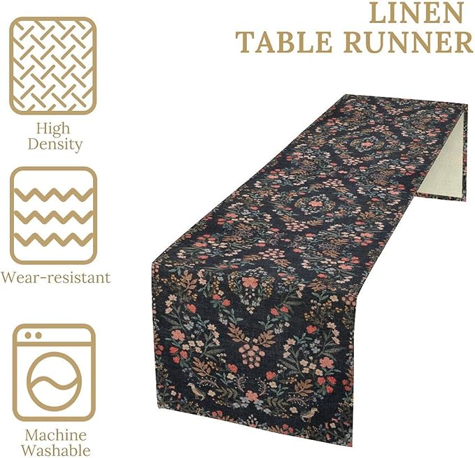 Morris Flower Table Runner, Vintage Blue Floral Rustic Country Style Floral Print Pattern for Home Kitchen Table Decor Dining Coffee Room Garden Party Decor 13x60in