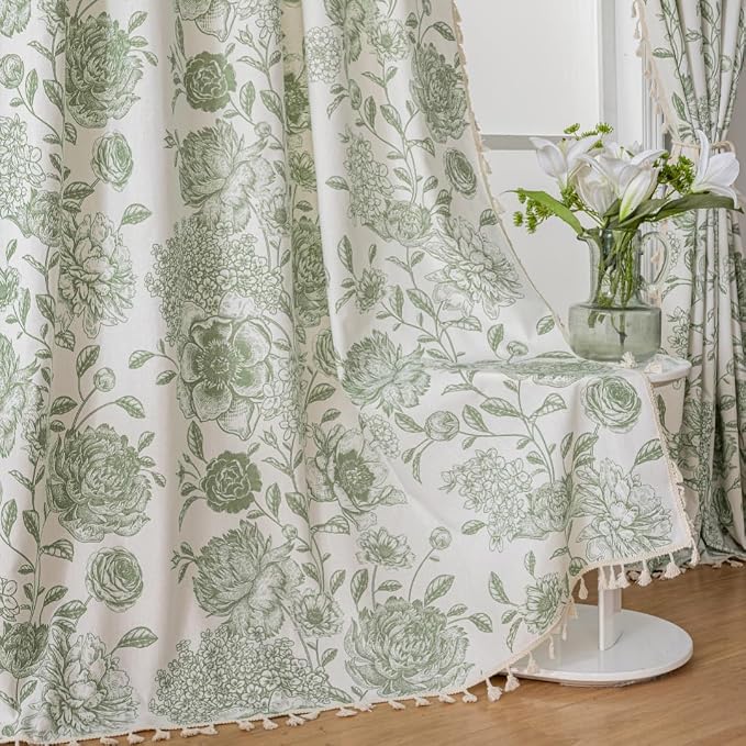 F-CHU Vintage Sage Green Floral Linen Curtains - Image 3