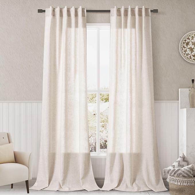 Beige Linen Curtains 96 Inches Long 2 Panels Back Tab Sheer Linen Curtain by Nanspring