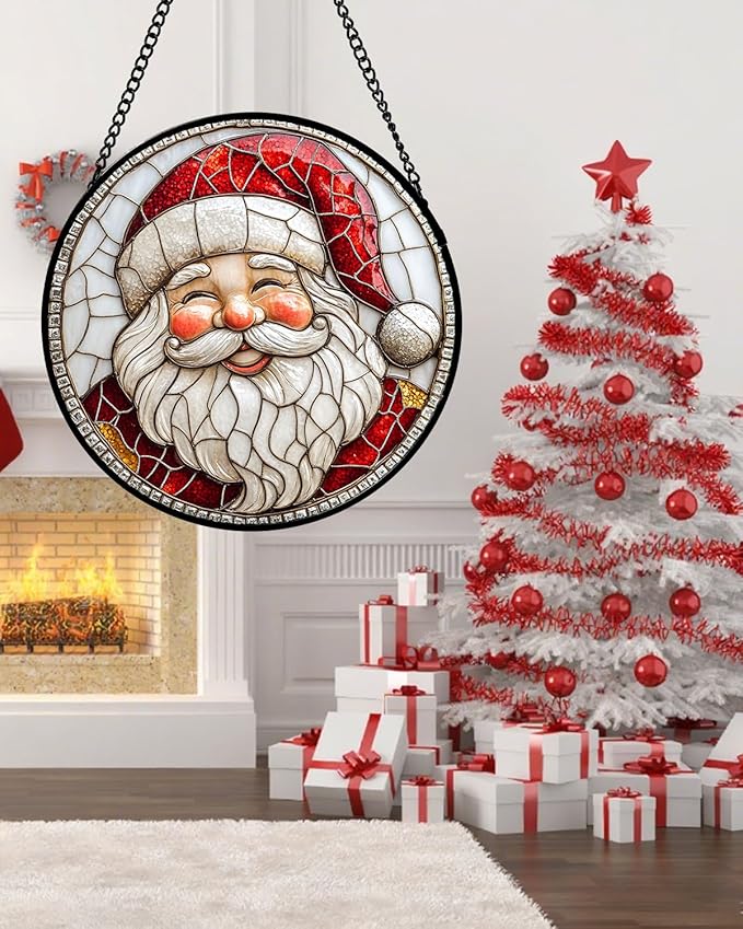 Stained Glass Window Hanging - Red White Santa Claus Suncatcher for Doors Home Christmas Decoration Winter Sun Catcher Thanksgiving New Year Birthday Gifts for Women Men Mom Nana Girl 9.8 in