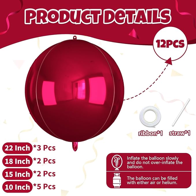12Pcs Red Round Balloons Foil, Large Metallic Dark Red Burgundy Balloons - Image 2