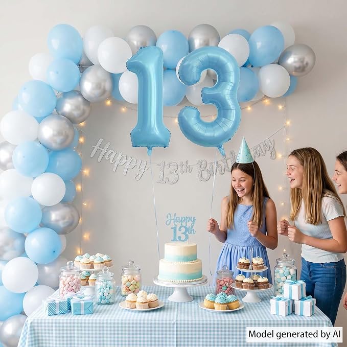 Pearlescent Blue Number 13 Balloon 40 Inch, Large Light Blue Foil 13th Birthday - Image 2