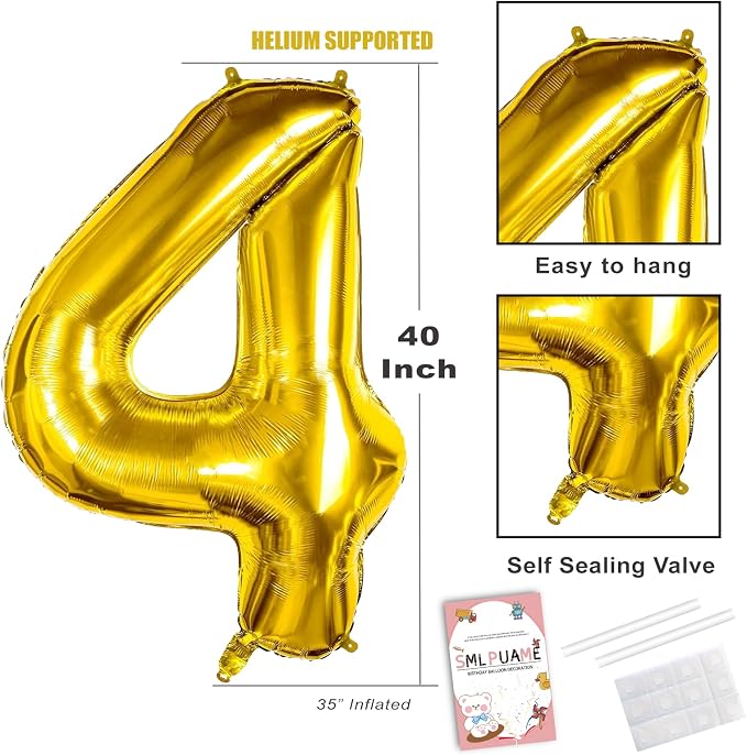 40 Inch Gold Number 4 Balloon, 4th Birthday Decoration Boys Girls | Large Self - Image 3