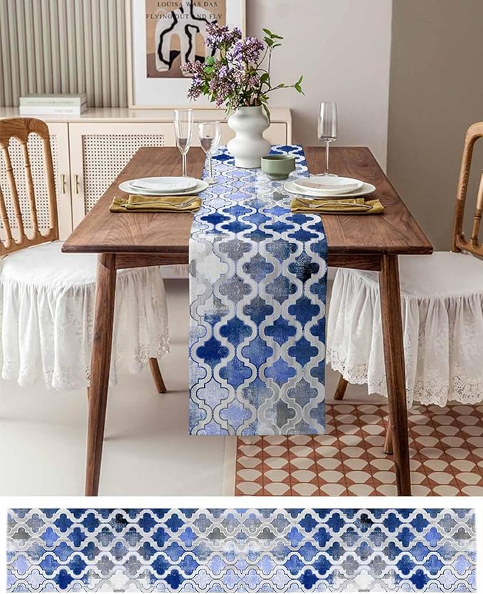 Blue Morocco Plaid Cotton Linen Table Runner for Dining Kitchen, Wedding Outdoor Party Tablerunners Decoration, Distressed Abstract Painted Vintage Dresser Scarf Coffee Tablecloth Runners 13x48 Inches