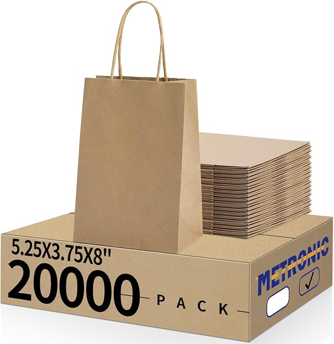 METRONIC Kraft Paper Gift Bags with Handles 5.25x3.75x8 Inch 20000 Pack | Christmas, Birthday Party Favors, Retail Shopping, Small Business Bulk | Brown Gift Wrap Bag