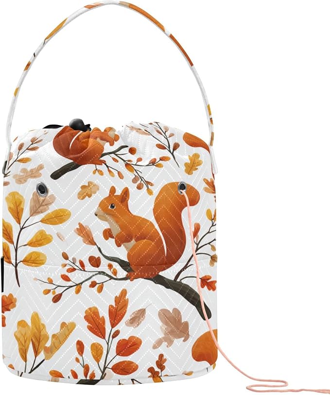 Orange Autumn Squirrels and Leaves Yarn Bag Small Crochet Bag Drawstring Yarn by Tatenale