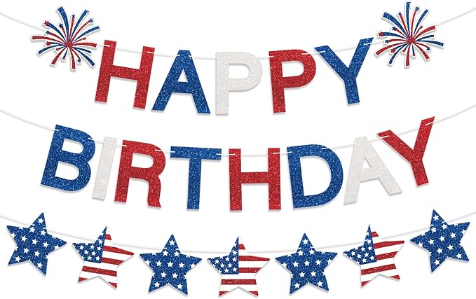 Happy Birthday Banner Patriotic Red White Blue Decorations, Glitter Happy by Sereliy