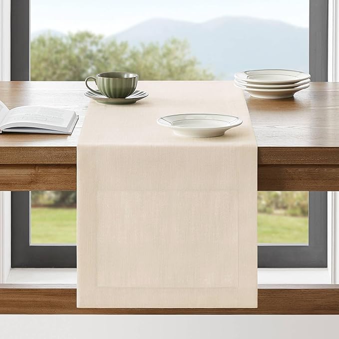 ZeeMart Linen Textured Border Table Runner, 14 x 60 Inch Cream, Farmhouse Style Cream Table Runners 60 Inches Long, Easy Care Everyday Polyester Table Runner
