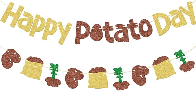 Happy Potato Day Banner, Pre-strung | Brown Glitter Potato Decor by Suagelaz