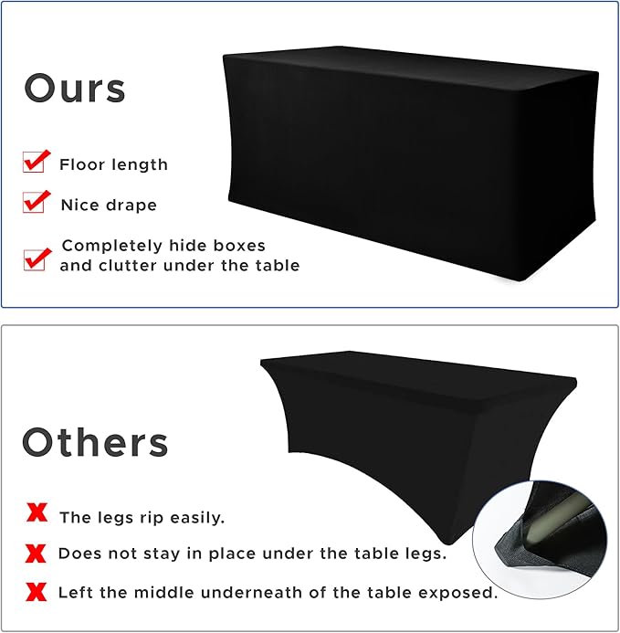 Nasitos Spandex Fitted Table Clothes, 6 Pack - 48 x 24 Inch - Black Rectangle Tablecloths for 4 Foot Tables, Fabric Table Cover Protector for Folding Table, Parties, Craft Show, Trade Show