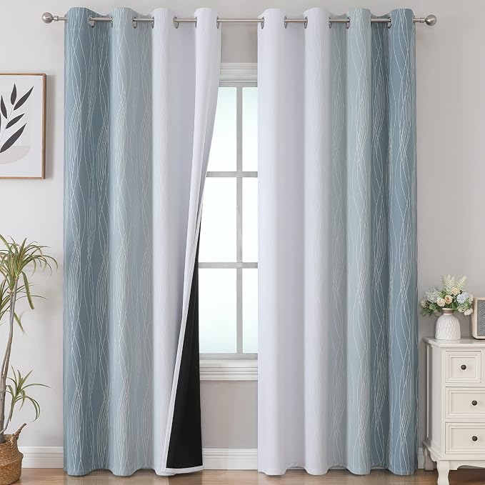 Stone Blue and Greyish White Blackout Curtains 96 Inches Long, Full Room by ESTELARTEXTILER