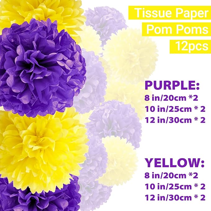 Capesaro Purple Yellow Tissue Paper Pom Poms，12PCS Tissue Paper Flowers - Image 2