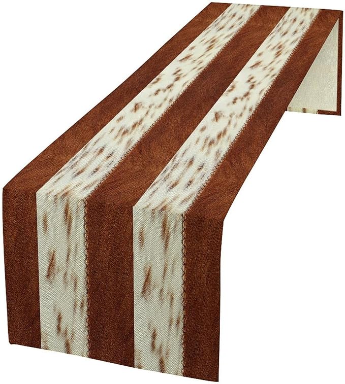 Cow Patchwork Print Table Runner, Brown Country Farm Animal Fur Skin Farm Safari Wildlife Pattern Table Runner for Dinner Dinning Home Kitchen Living Room Party Holidays Setting, 13x60 Inch