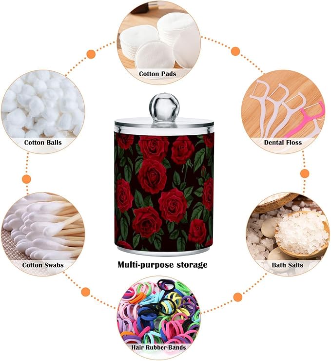 Gredecor Qtip Holder Dispenser 4 Pack Red Rose Flowers Leaves Apothecary Jars with Lids Bathroom Vanity Countertop Canister Storage Organizer for Cotton Ball,Swabs,Pads,Floss
