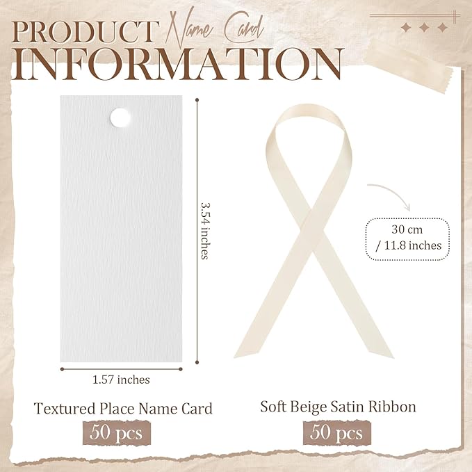 50 Pcs Name Place Cards for Table Setting Blank Wedding Place Cards with Satin Ribbon 1.57 x 3.54 Inch Hanging Gift Tags for Wedding Dinner Banquet Party Table Setting Supplies(Beige)