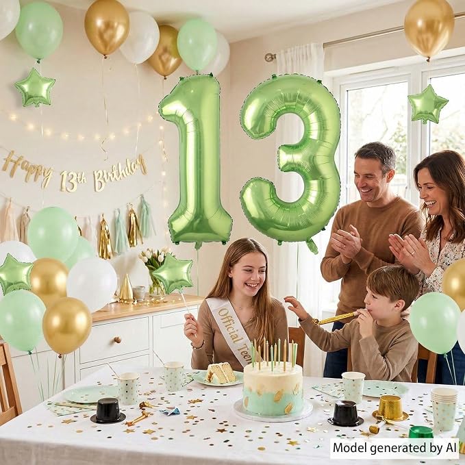 Light Green Number 13 Balloon 40 Inch, Shiny Foil Double Digit Party Decor | - Image 2
