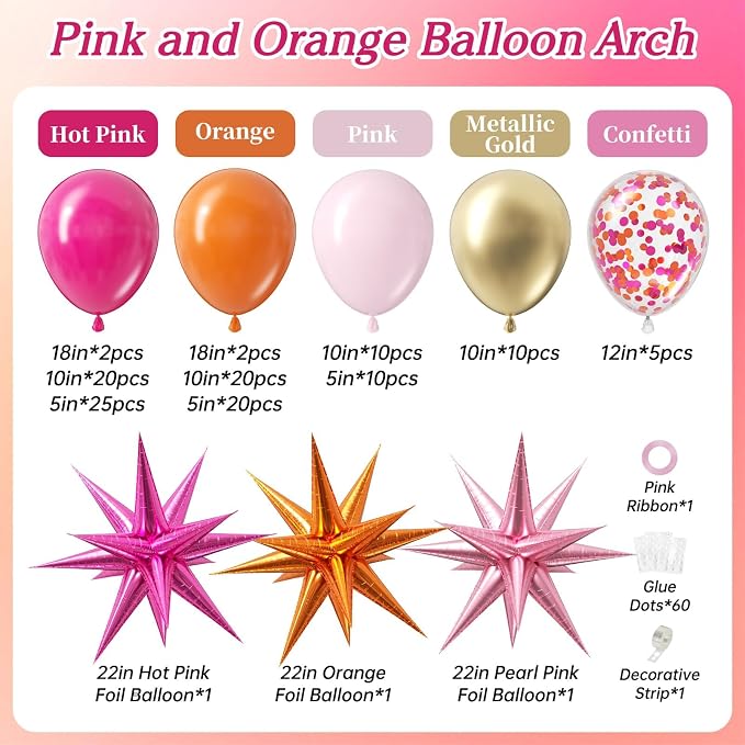 130pcs Pink and Orange Balloon Arch Kit Metallic Gold Confetti Balloons | - Image 2