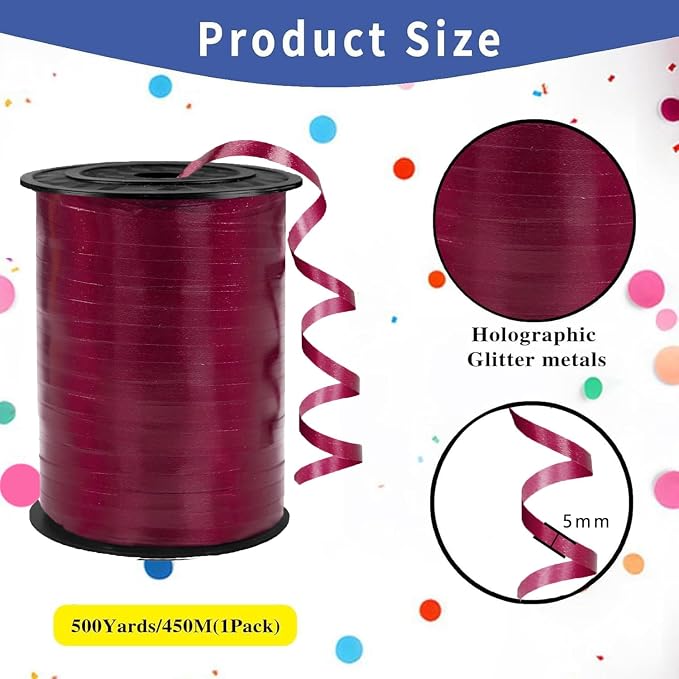 Premium Burgundy Curling Ribbon, 1/5" Wide x 500 Yards, - Image 2