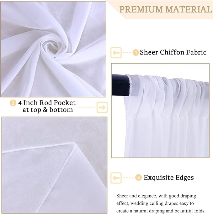 MODFUNS Ceiling Drapes for Weddings White Sheer Ceiling Draping 5x30ft 2 Panels Chiffon Ceiling Curtain Wedding Arch Draping Fabric Tulle Ceiling Drapery for Ceremony Arbor Party Stage Decoration