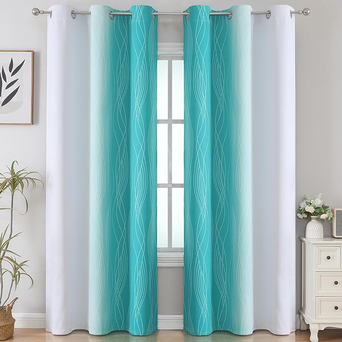 Teal and Greyish White Room Darkening Blackout Curtains 84 Inches Long - Image 2