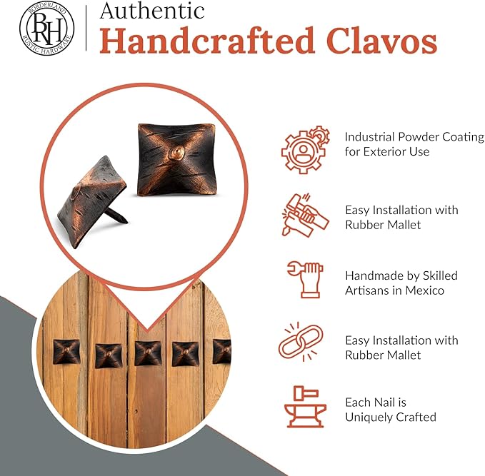 100 Pack 1.25" Square Head Iron Clavos Decorative Nails – Oil Rubbed Bronze – Handmade Rustic Square Fasteners for Farmhouse Shutters, Faux Wood, Barn Doors, and Gates – Ornamental Wood Accent