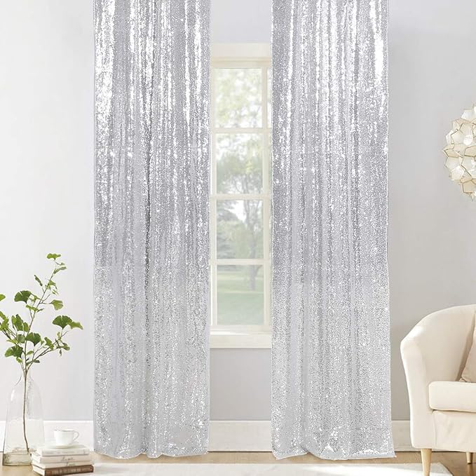 PartyDelight Silver Sequin Backdrop Curtains 2x8ft 2 Panels | Sparkly 3mm - Image 5