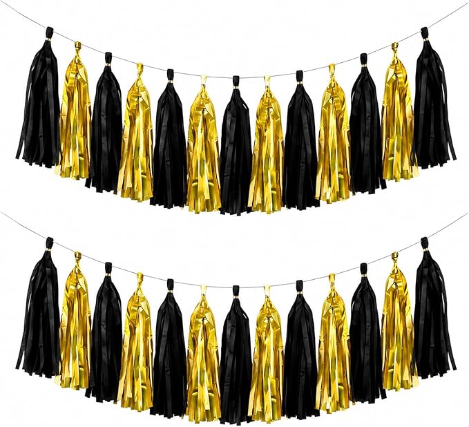 Gold Black Tassel Garland Banner, 30 Pack Paper Tassels Streamers by SIPRKAICT