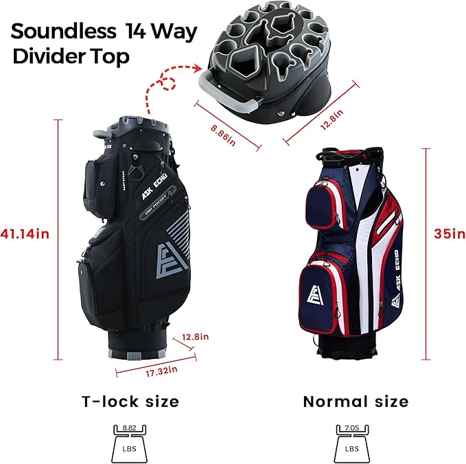 ASK ECHO T-Lock Golf Cart Bag with 14 Way Organizer Divider Top, Premium Cart Bag with Handles and Rain Cover, for Men