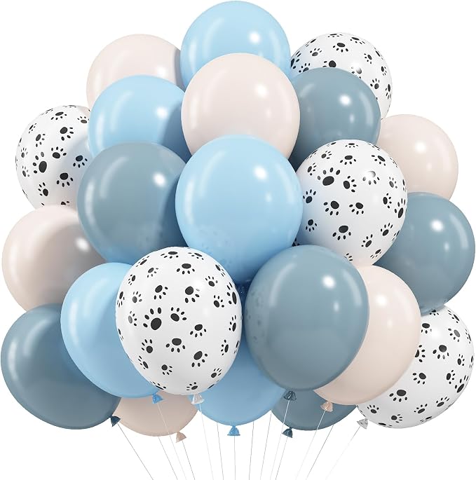 Dog Paw Balloons, 12 Inch Retro Dusty Slate Blue Pastel Muted Blue Sand White by Paeyeq