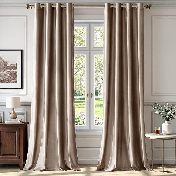 BULBUL Taupe Velvet Blackout Curtains 90 inch Long by ModernShinyVelvetCurtains