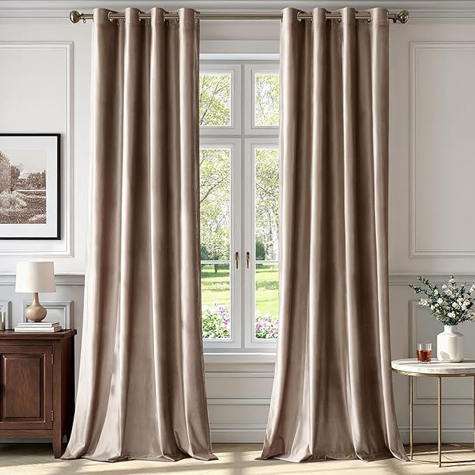 BULBUL Taupe Velvet Blackout Curtains 72 inch Long by ModernShinyVelvetCurtains