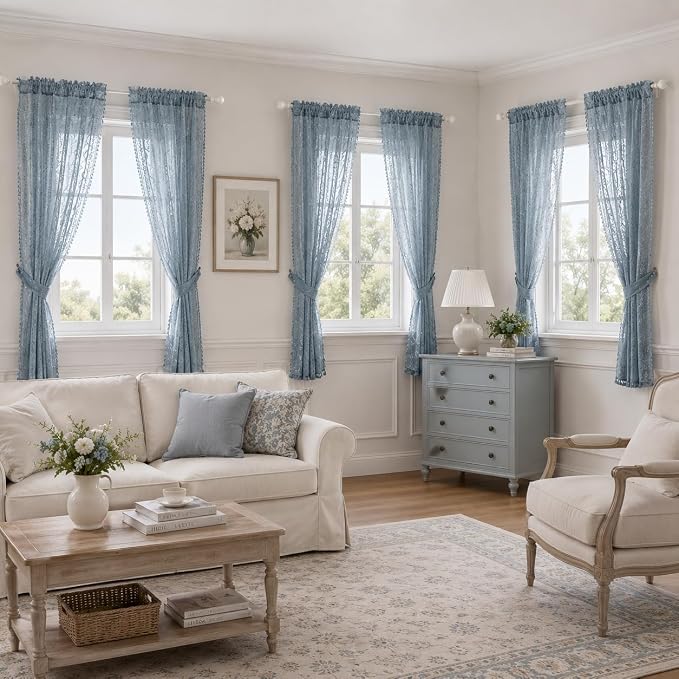 WAZZIO Boho Lace Curtains 2 Panels 63 Inch -Victorian Sheer Panel Drape French - Image 3