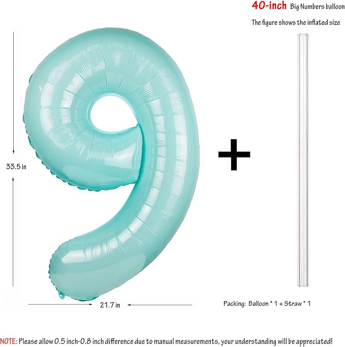 Macaron Blue Number 9 Balloon 40in Large Helium Foil Polyester Film Balloon | - Image 2